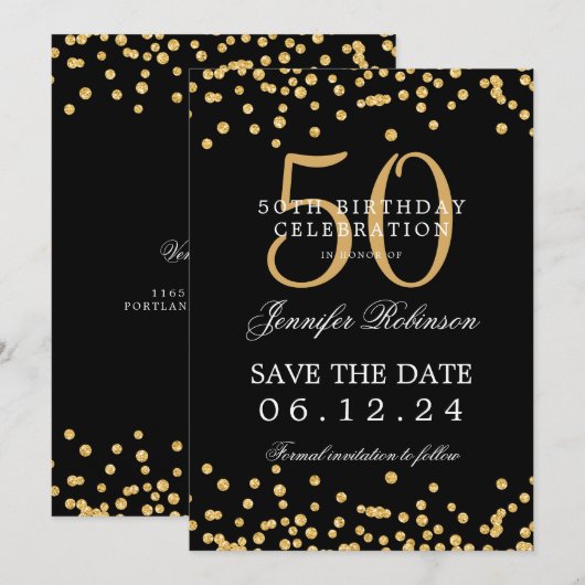 Gold Black 50e verjaardag Save the Date Confetti Kaart (Voorkant / Achterkant)