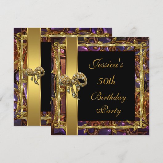 Gold Black 50th Birthday Elegant Invite 3 Kaart (Voorkant / Achterkant)