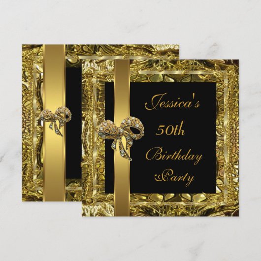 Gold Black 50th Birthday Elegant Invite Kaart (Voorkant / Achterkant)