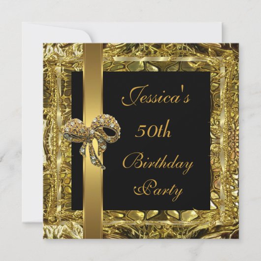  Gold Black 50th Birthday Elegant Invite Kaart (Voorkant)