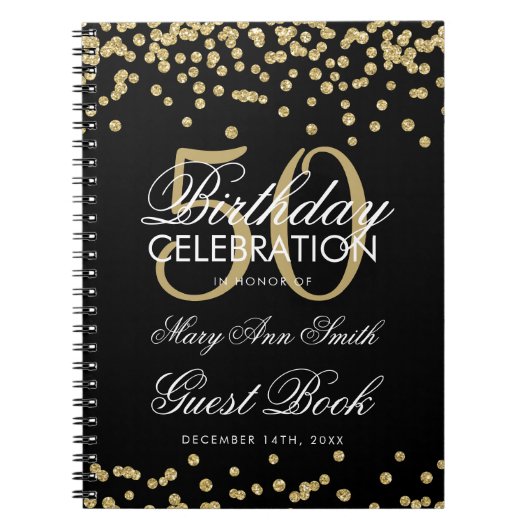 Gold Black 50th Birthday Guest Book Confetti Notitieboek (Voorkant)