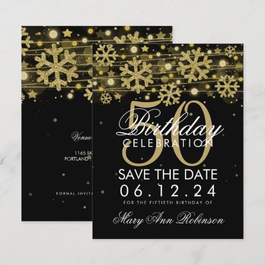 Gold Black 50th Birthday Save Date Winter Save The Date (Voorkant / Achterkant)