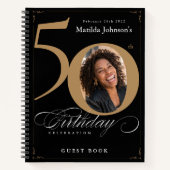 Gold Black 50th Birthday Script Elegant Guestbook Notitieboek (Voorkant)