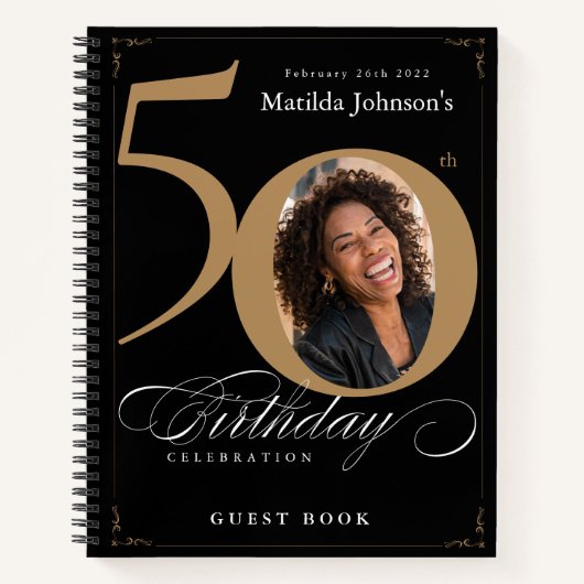 Gold Black 50th Birthday Script Elegant Guestbook Notitieboek (Voorkant)
