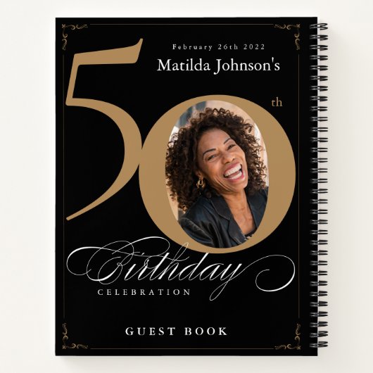 Gold Black 50th Birthday Script Elegant Guestbook Notitieboek (Achterkant)