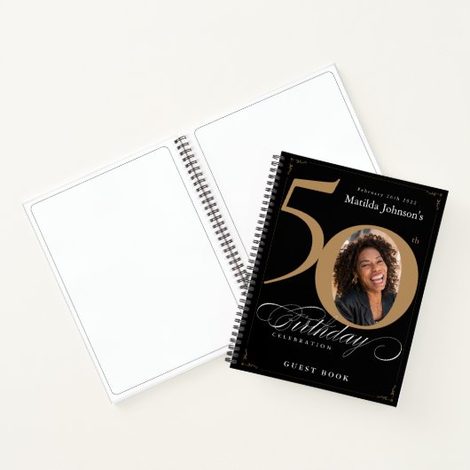Gold Black 50th Birthday Script Elegant Guestbook Notitieboek (Binnen)