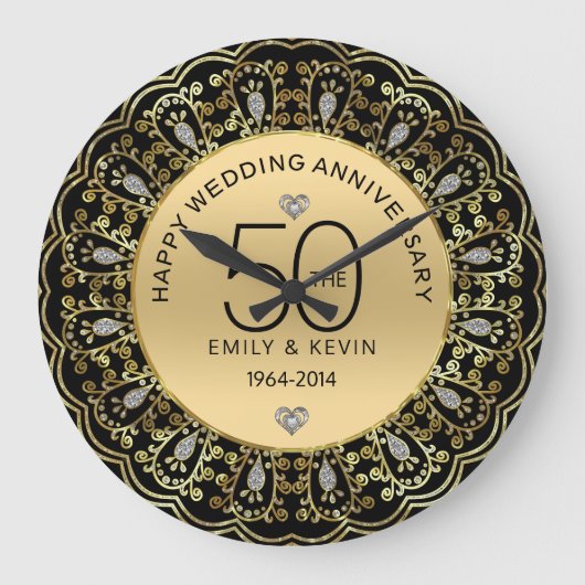 Gold & Black 50th Wedding Grote Klok (Voorkant)