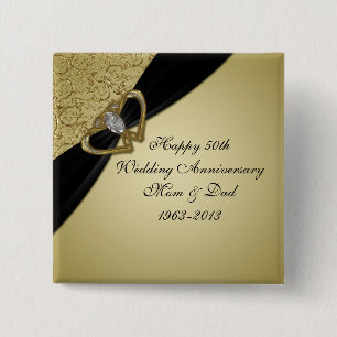 Gold Black 50th Wedding Jubileum Vierkante Button 5,1 Cm