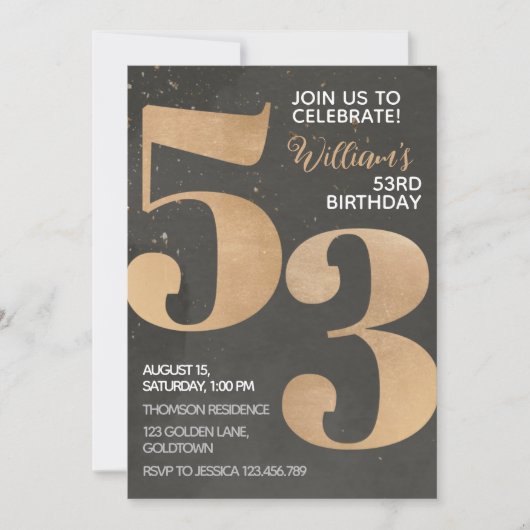 Gold Black 53rd Birthday-uitnodiging Kaart (Voorkant)