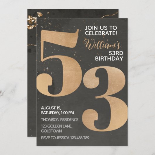 Gold Black 53rd Birthday-uitnodiging Kaart (Voorkant / Achterkant)