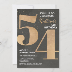 Gold Black 54th Birthday Invitation Kaart