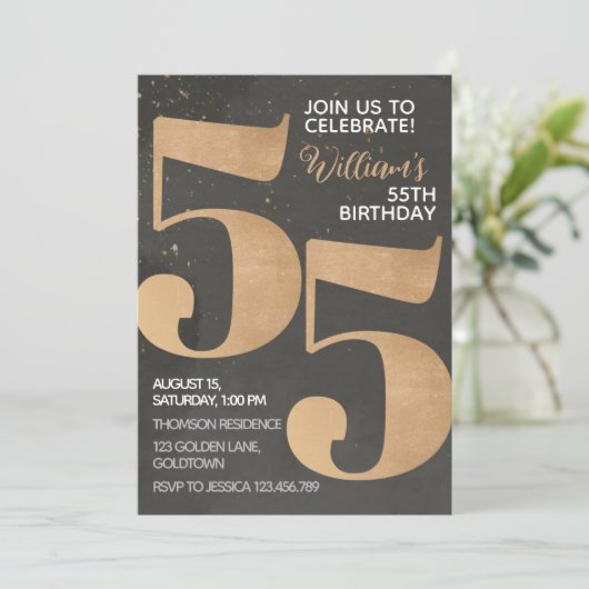 Gold Black, 55th Birthday Invitation Kaart (Staand voorkant)
