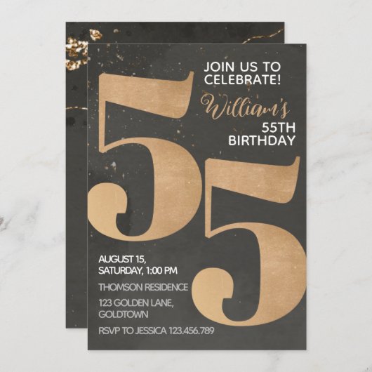 Gold Black, 55th Birthday Invitation Kaart (Voorkant / Achterkant)
