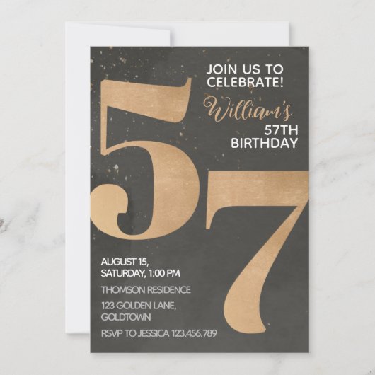 Gold Black 57th Birthday Invitation Kaart (Voorkant)