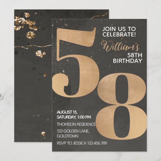 Gold Black, 58th Birthday Invitation Kaart (Voorkant / Achterkant)