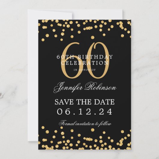 Gold Black 60e verjaardag Save the Date Confetti Kaart (Voorkant)
