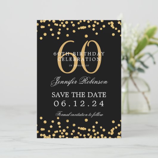 Gold Black 60e verjaardag Save the Date Confetti Kaart (Staand voorkant)