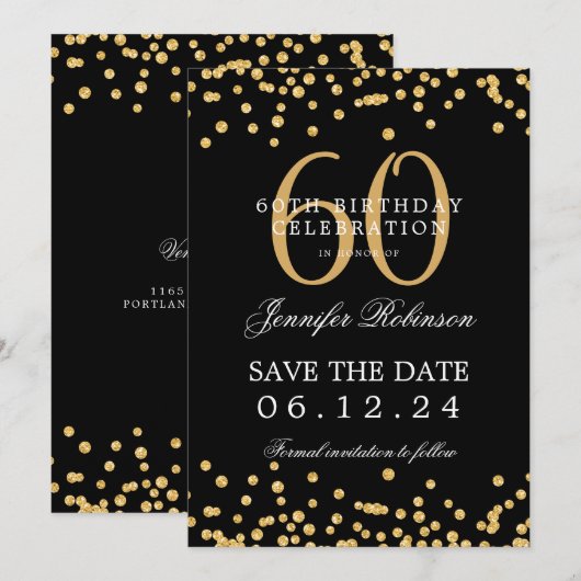 Gold Black 60e verjaardag Save the Date Confetti Kaart (Voorkant / Achterkant)