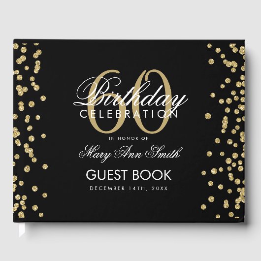 Gold Black 60e verjaardagsfeestje Glitter Confetti Gastenboek (Voorkant)