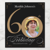 Gold Black 60th Birthday Elegant Calligraphy Photo Wijn Etiket (Enkel label)