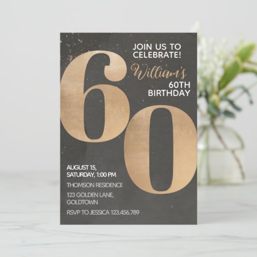 Gold Black 60th Birthday Invitation Kaart (Staand voorkant)