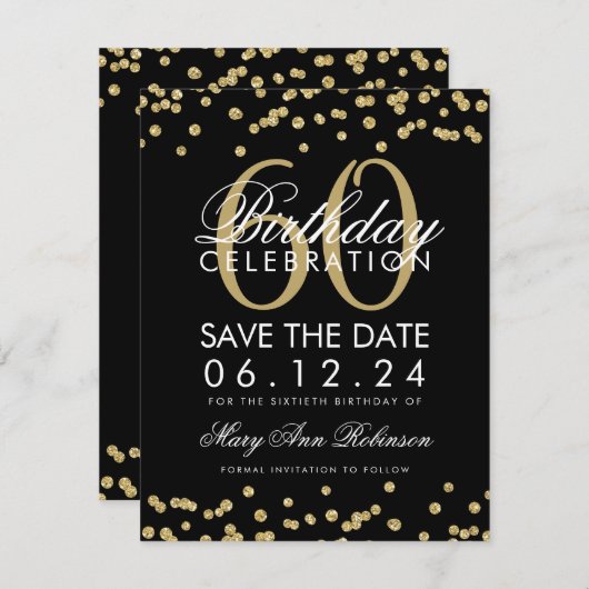 Gold Black 60th Birthday Save Date Confetti Save The Date (Voorkant / Achterkant)