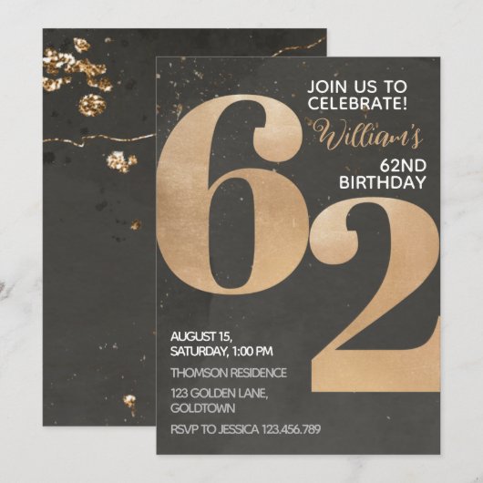 Gold Black 62e verjaardag uitnodiging (Voorkant / Achterkant)