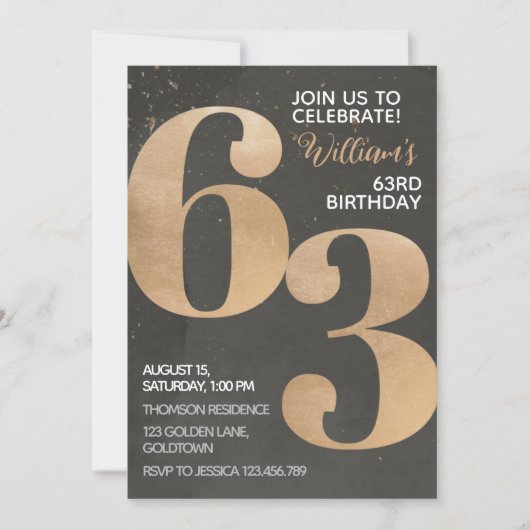 Gold Black 63rd Birthday Invitation Kaart (Voorkant)