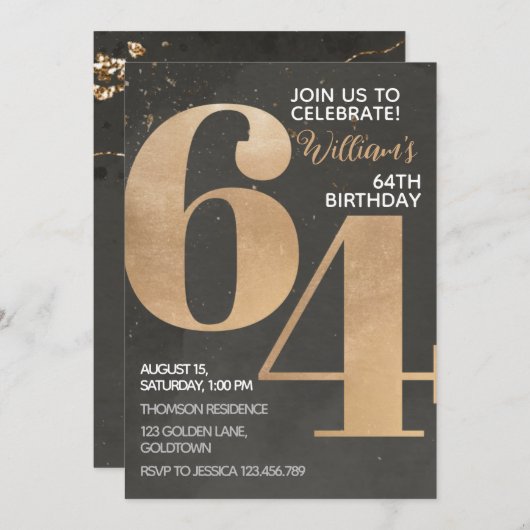 Gold Black 64th Birthday Invitation Kaart (Voorkant / Achterkant)