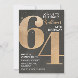 Gold Black 64th Birthday Invitation Kaart