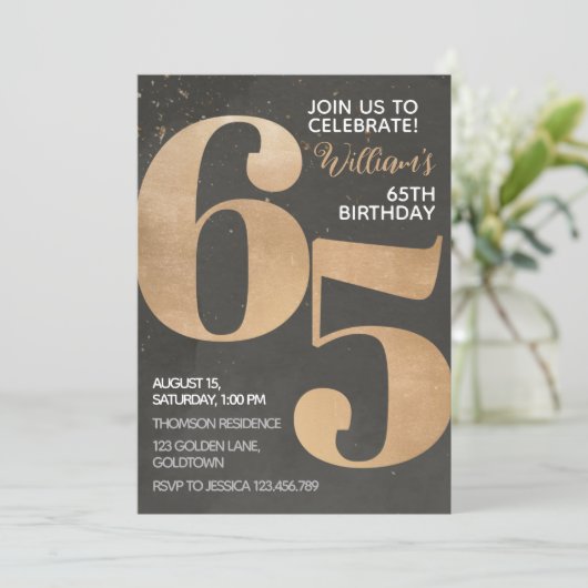 Gold Black 65th Birthday Invitation Kaart (Staand voorkant)