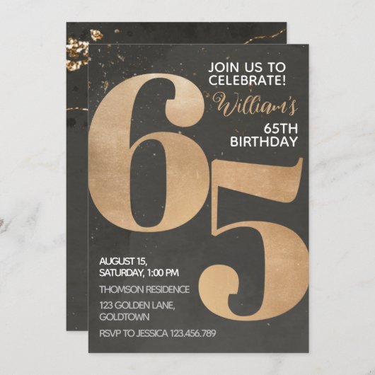 Gold Black 65th Birthday Invitation Kaart (Voorkant / Achterkant)