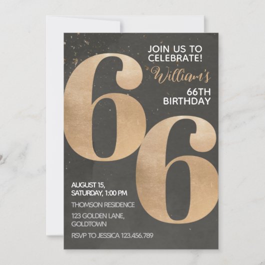 Gold Black 66th Birthday Invitation Kaart (Voorkant)