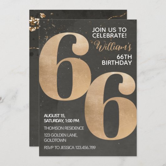 Gold Black 66th Birthday Invitation Kaart (Voorkant / Achterkant)
