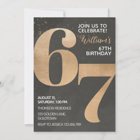 Gold Black 67th Birthday Invitation Kaart (Voorkant)