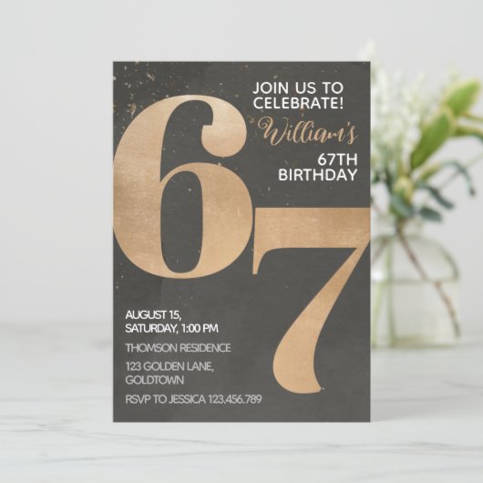 Gold Black 67th Birthday Invitation Kaart (Staand voorkant)
