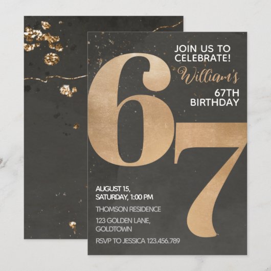 Gold Black 67th Birthday Invitation Kaart (Voorkant / Achterkant)