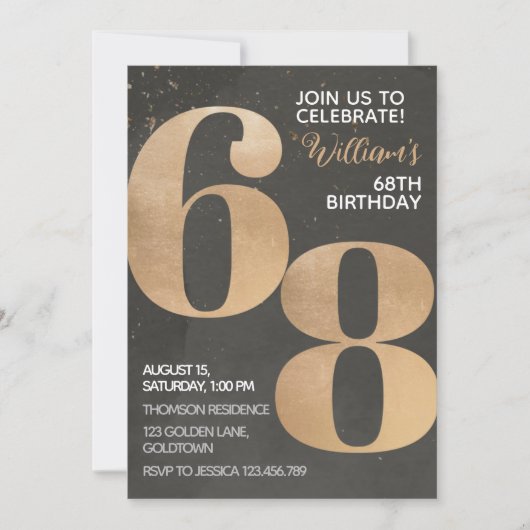 Gold Black 68th Birthday Invitation Kaart (Voorkant)