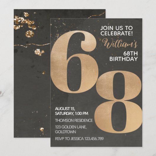 Gold Black 68th Birthday Invitation Kaart (Voorkant / Achterkant)