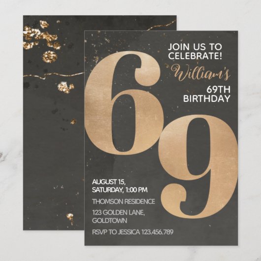 Gold Black 69th Birthday Invitation Kaart (Voorkant / Achterkant)