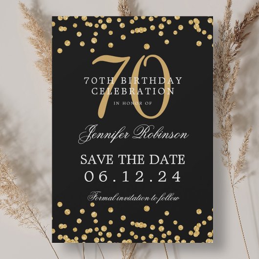 Gold Black 70e verjaardag Save the Date Confetti Kaart