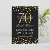Gold Black 70e verjaardag Save the Date Confetti Kaart (Staand voorkant)
