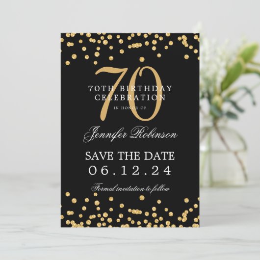 Gold Black 70e verjaardag Save the Date Confetti Kaart (Staand voorkant)