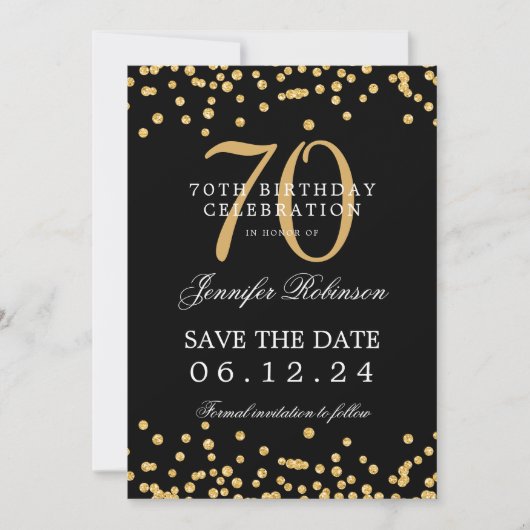 Gold Black 70th Birthday Bewaar de datum en detail Kaart (Voorkant)