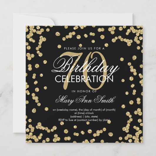 Gold Black 70th Birthday Glitter Confetti Kaart (Voorkant)