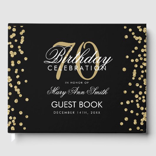 Gold Black 70th Birthday Party Glitter Confetti Gastenboek (Voorkant)