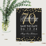 Gold Black 70th Birthday Save Date Confetti Save The Date<br><div class="desc">Het elegante "70th Birthday Party"-ontwerp met Gold Faux Glitter Confetti Black en tekst op maat en details. Eenvoudig te gebruiken en eenvoudig aan te passen. Bestel vandaag nog!</div>