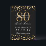 Gold Black 80th Birthday Bewaar de datum en detail Kaart<br><div class="desc">Elegant "70th Birthday Party" ontwerp met faux glitter confetti & details tekst. Makkelijk te gebruiken en makkelijk te personaliseren. Bestel vandaag nog!</div>