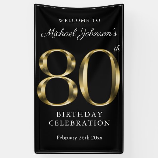 Gold & Black 80th Birthday Elegant Welcome Party Spandoek (Verticaal)