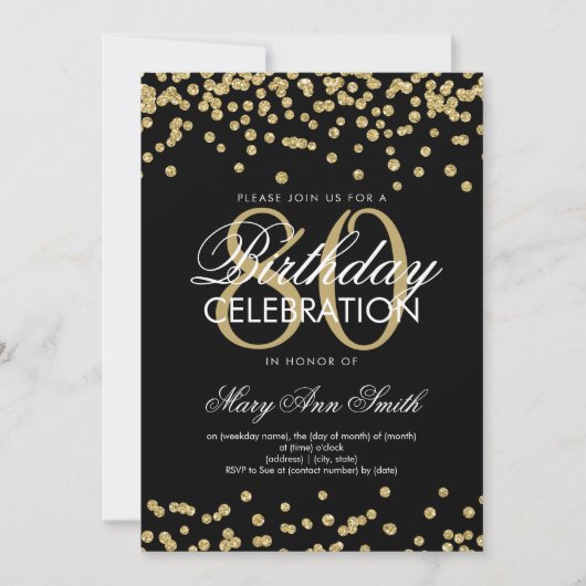 Gold Black 80th Birthday Party Glitter Confetti Kaart (Voorkant)